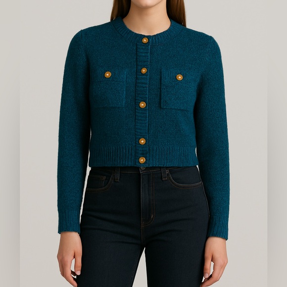 Marled Blue and Green Shiny Textured Knit Sweater Cardigan with Gold Accents - Picture 1 of 5